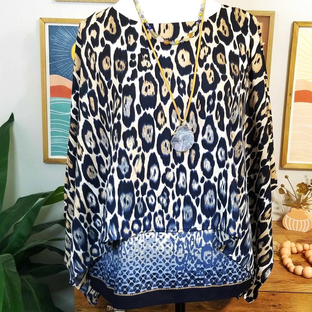 Top, Blouse. Blue, Tan, White, Animal Print. Chico's Brand. Size 0. - Picture 13 of 14